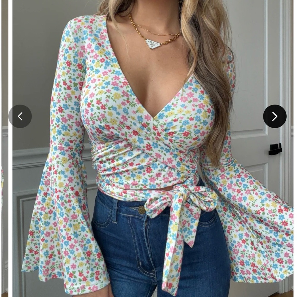 Floral V-Neck Wrap Blouse with Bell Sleeves
